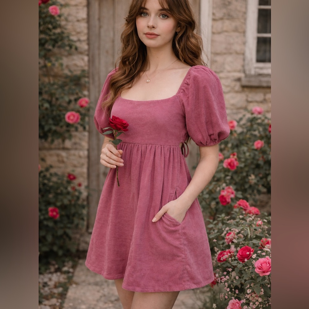 Audrey Park Pink Corduroy Puff Sleeve Babydoll Dress Women’s Small Empire Waist